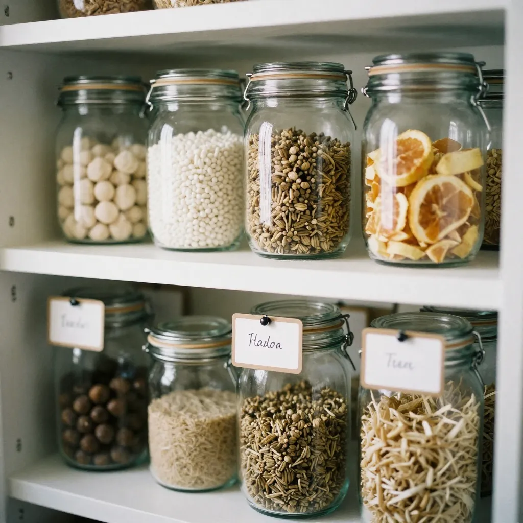 Natural storage solutions with woven baskets and wooden shelves